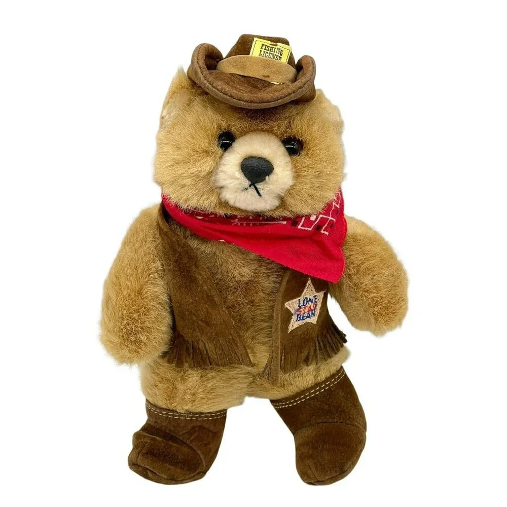 Lone Star Bear Plush Suede Boots Hat Vest Red Bandana Vintage 1989 OZ  9 in‎